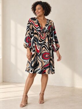 PI Abstract Swirl Print Empire Waist Midi Dress Small